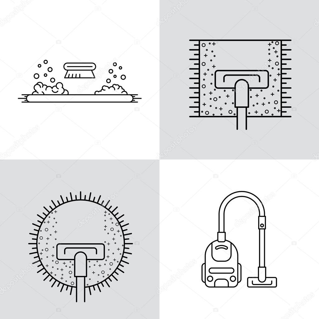 Cleaning of carpets with vacuum cleaner and detergents drawn in a linear style. Vector logo of the cleaning company, booklet, flyer