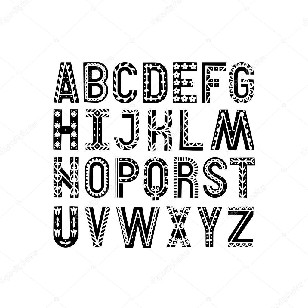 Fiesta style artisic abc. Hand drawn ethnic alphabet. Vector letters with decorative elements.