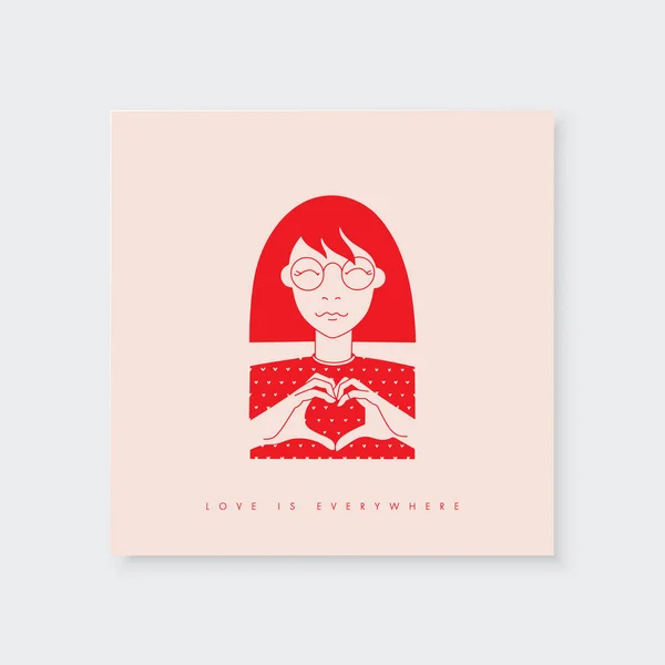 Kärlekskort tryck med flicka och hand hjärtform — Stock vektor