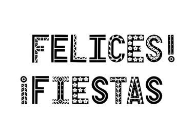 Fiesta siyah beyaz bayrak. Dekorasyonlu el çizimi harflerle gösterişli vektör illüstrasyonu.