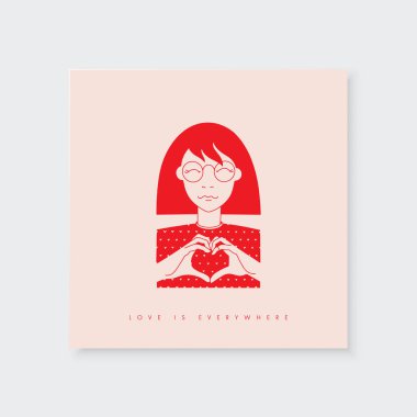 Kız ve el kalp şeklinde aşk kartı baskısı