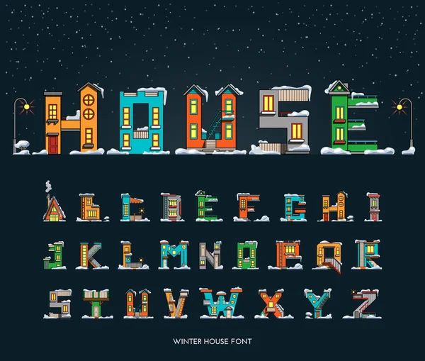 Alphabet dessin animé maison d'hiver, police — Image vectorielle