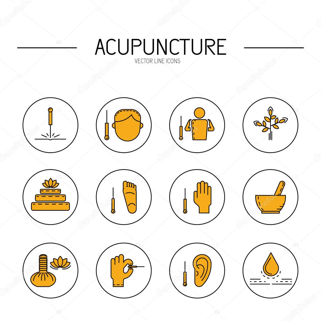 Collection of vector icons elements for acupuncture and massage, TCM.