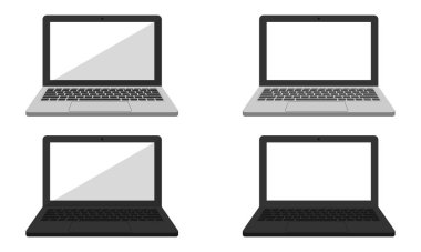 İki renkli dört dizüstü bilgisayar, şeffaf ekranlı iki dizüstü bilgisayar ve beyaz, vektör resimli iki bilgisayar.