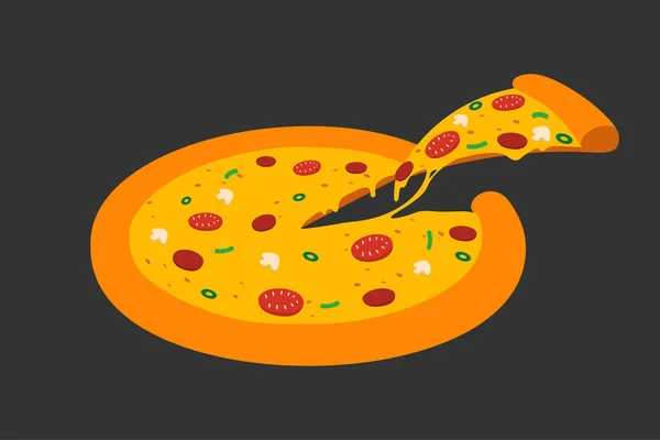 Pizza Sobre Fondo Negro Vector Ilustración Estilo Plano — Vector de stock