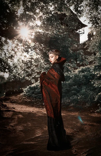 Portrét dívka temné královny s korunou na její hlavu a make-up na hradě v lese s sunshine — Stock fotografie