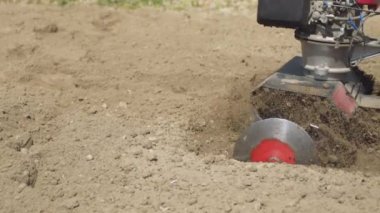 Çiftçi bahçedeki toprağı bir dümen-motor ekicisi kullanarak işliyor. Şapkalı ve lastik çizmeli adam. 4K görüntüsü. Yan görünüm