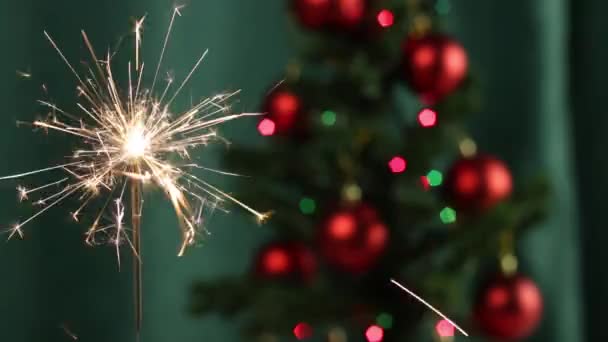 Fuego de Bengala con árbol de Navidad — Vídeo de stock