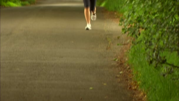 Панорама з дороги, щоб виявити самотню жінку, що біжить по сільській смузі — стокове відео