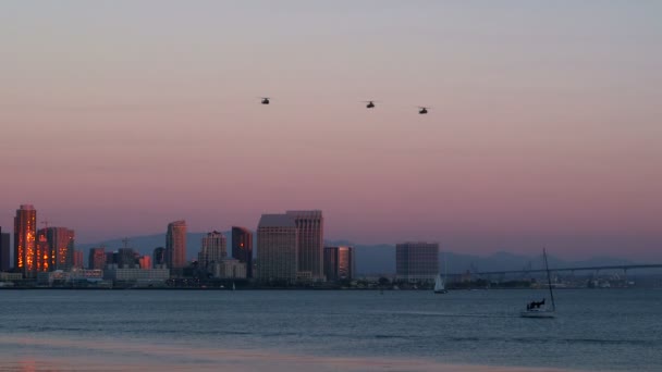Ένοπλη ελικόπτερο που πετούν πάνω από το San Diego στον ορίζοντα — Αρχείο Βίντεο