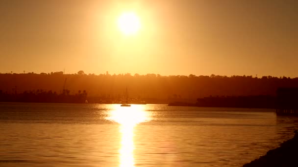 Zonsondergang weerspiegeld in het water met silhouet jacht zeilen — Stockvideo