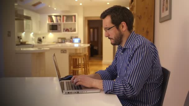 Pohledný muž pracuje doma na přenosném počítači — Stock video