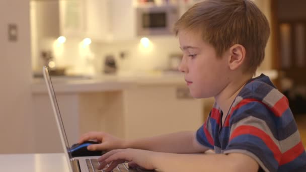 Jovem trabalha em seu laptop em casa — Vídeo de Stock