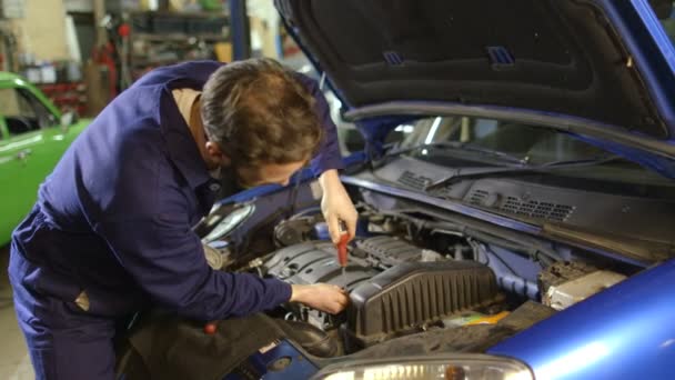 Mechanic repairs car engine in a garage — Stock Video