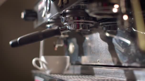 Barista bereidt espressomachine voordat u voorbereidt cappuccino — Stockvideo