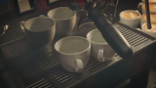Voorbereiding van een professionele espresso-apparaat espresso kopjes — Stockvideo