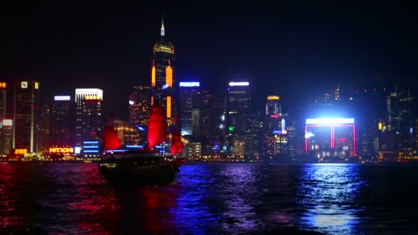 Piros dzsunka vitorlás át Hong Kong Skyline — Stock videók