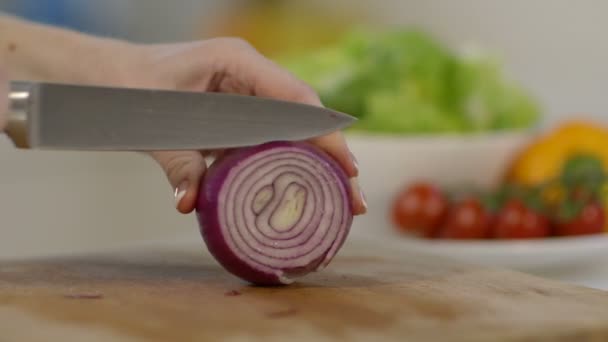 Woman slices onion — Stock Video