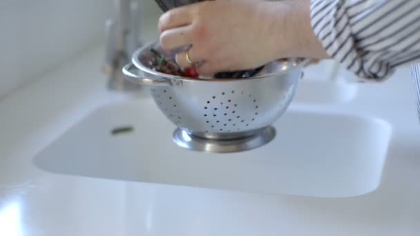 Man wassen wijnstok tomaten in stalen vergiet — Stockvideo