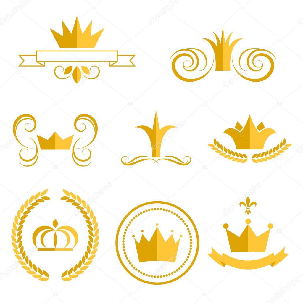 Gold crown logos and badges clip art vector set. King or queen crowns flat style icons