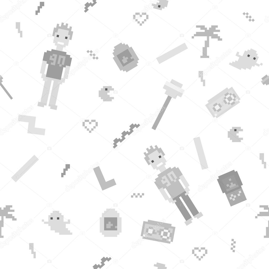 Pixel art 90s retro style grayscale seamless pattern