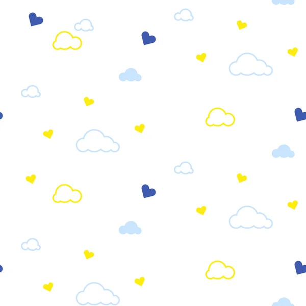 Padrão sem costura bonito com nuvens e corações. Design para crianças. Ilustração vetorial — Vetor de Stock