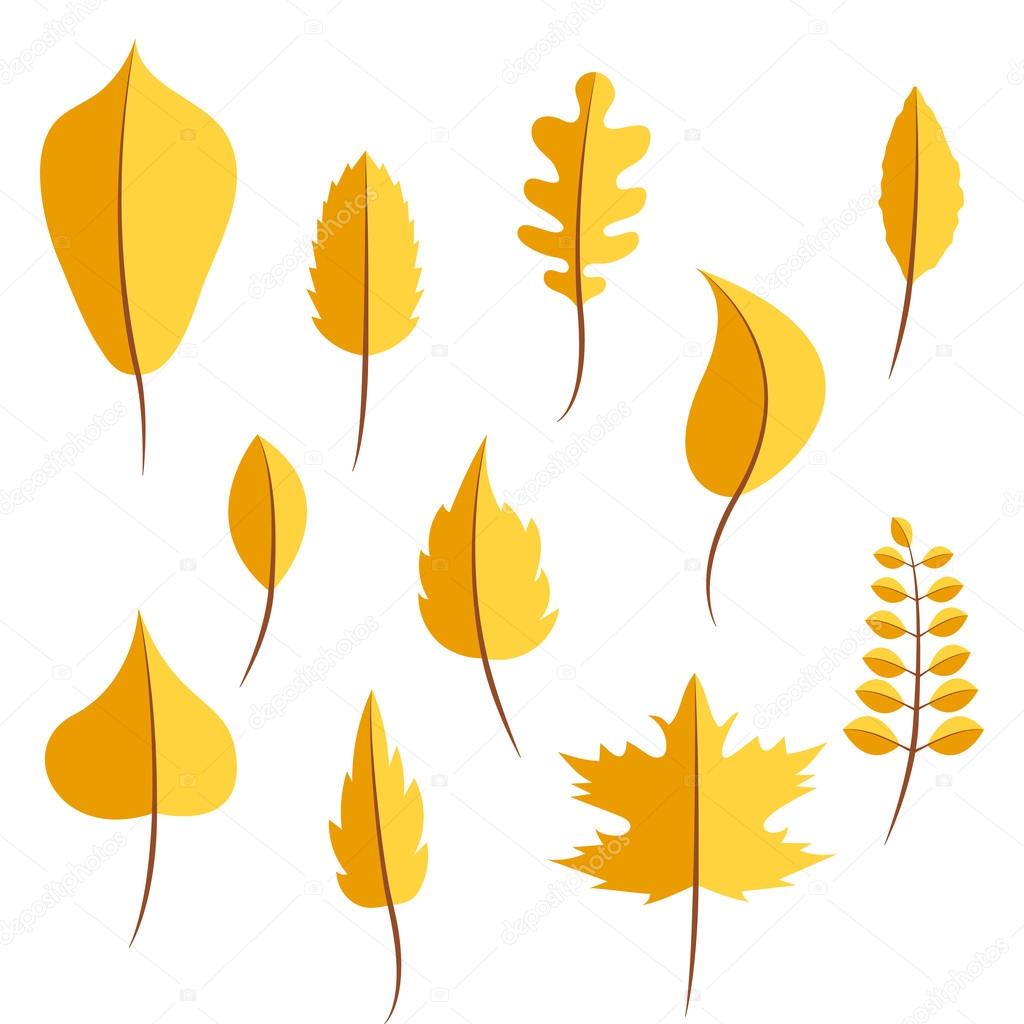 Autumn yellow withered leaves in flat style set