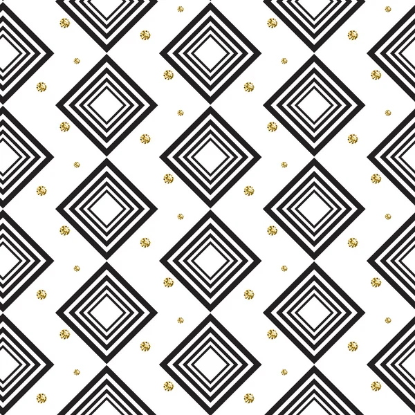 Gold foil glitter polkadot and black rhombs seamless pattern. — Stock vektor