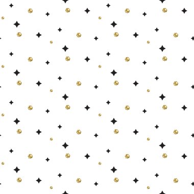 Altın folyo glitter polkadot ve siyah yıldız dikişsiz desen.