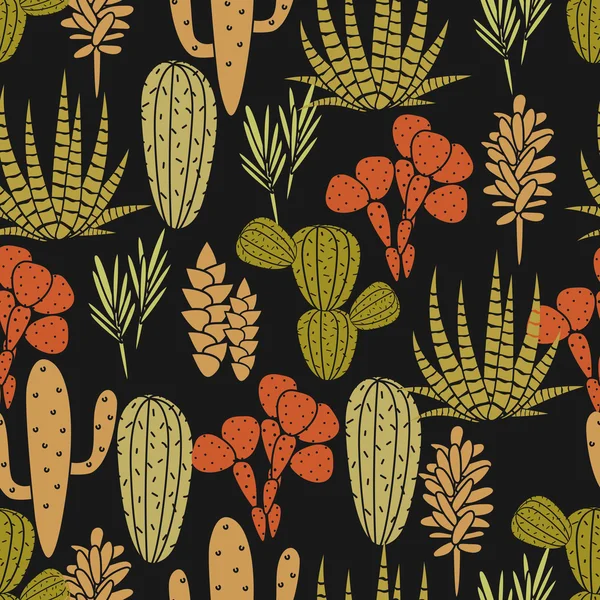 Sukkulenten pflanzen Vektor nahtlose Muster. botanischer schwarzer und grüner Kaktusflora Stoffaufdruck. — Stockvektor