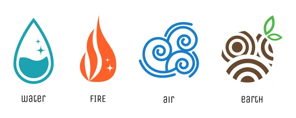 Vier Elemente flache Stil-Symbole. Wasser, Feuer, Luft, Erdzeichen. Vektorsymbole. — Stockvektor