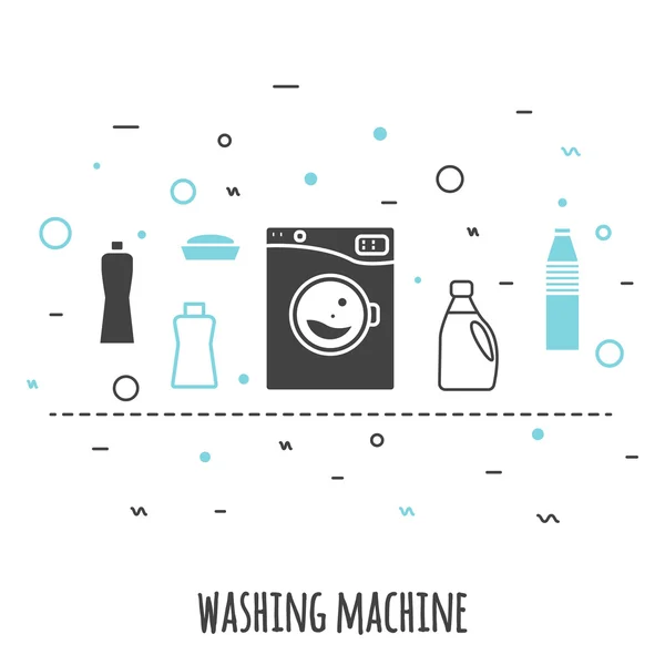 Máquina de lavar roupa em estilo de linha plana. Esboço ícone vetor lavar com banner suprimentos químicos . —  Vetores de Stock