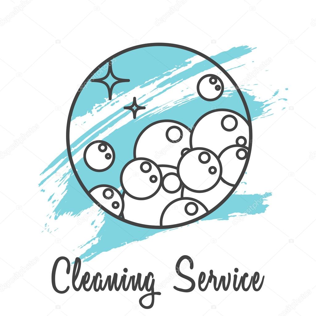 Cleaning service company logo badge. Wash business label for logotype template. Soap bubbles in round line icon with brush strokes on background.