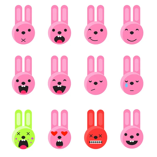 Bunny sourire emoji ensemble. Vecteur de style plat icône émoticône . — Image vectorielle