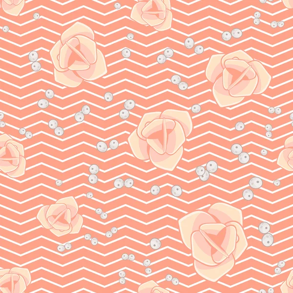 크림 핑크 장미와 쉐브론 매끄러운 패턴. — 스톡 벡터