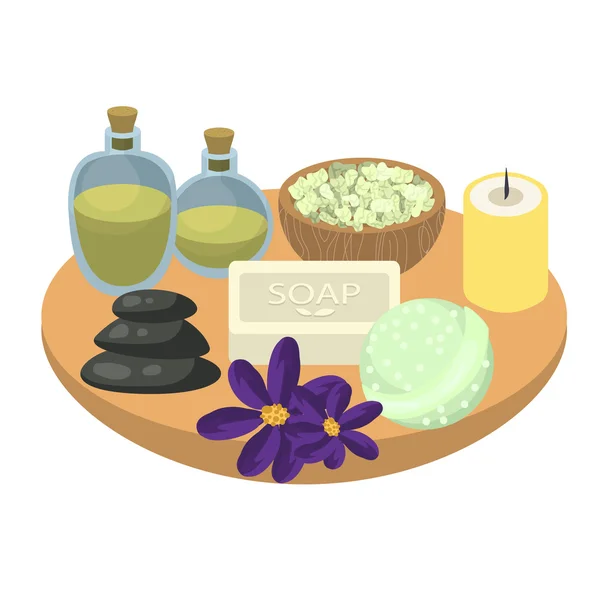 Spa set accessories on wooden tray. — Stock Vector