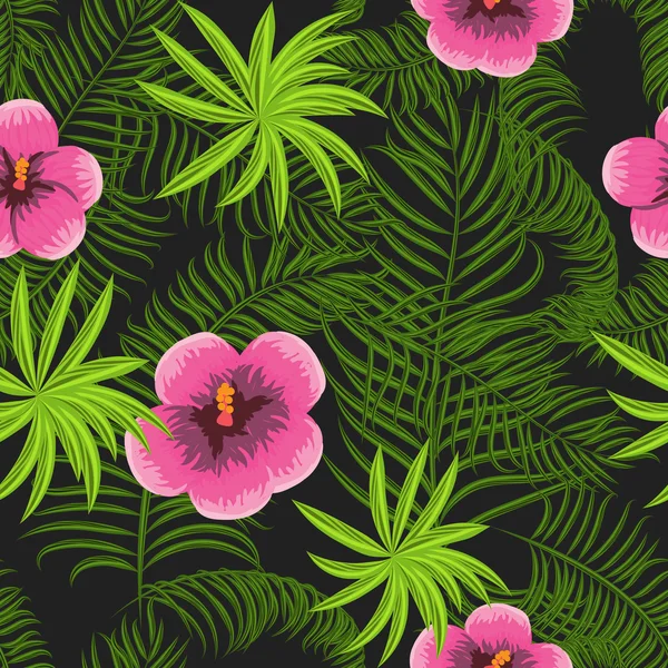 Tropische jungle palm leaves hibiscus patroon. — Stockvector