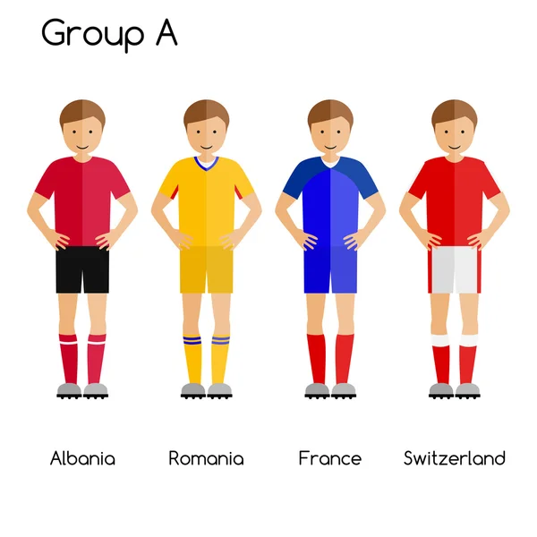 Les joueurs de foot. Groupe A - Albanie, Roumanie, France et Suisse . — Image vectorielle