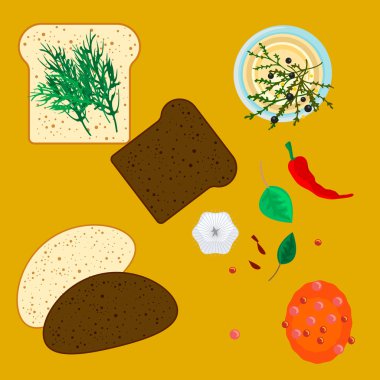 Buğday ve çavdar dilim ekmek ile baharat otlar.