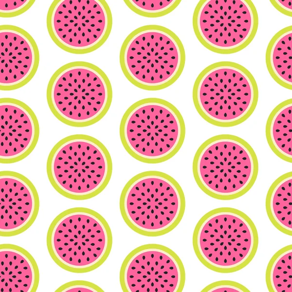 Wassermelone halbe Scheiben nahtlose rosa Muster auf weiß. — Stockvektor