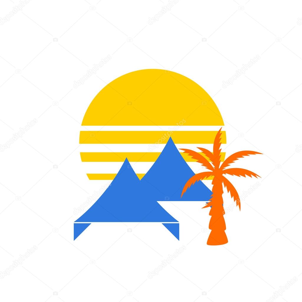 Event tent logo concept. Tent or awning with sunset behind and palm tree silhouette for party event company.