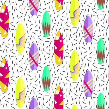 Sörf tahtası sorunsuz vektör desen. Memphis 80s tarzı renkli panoları.