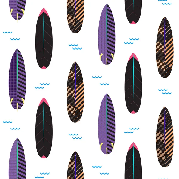 Schema vettoriale senza cuciture della tavola da surf. Tavole a strisce nere e viola su bianco . — Vettoriale Stock