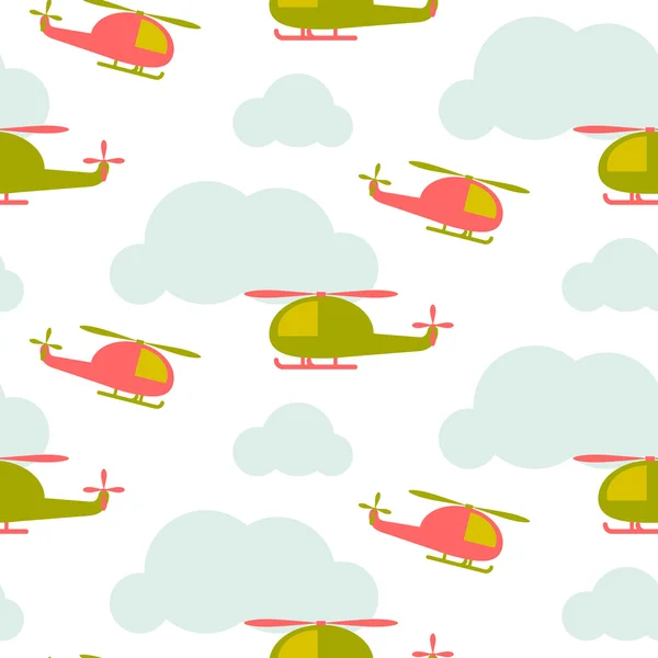 Cartoon-Hubschrauber im Himmel nahtlose Vektormuster. — Stockvektor