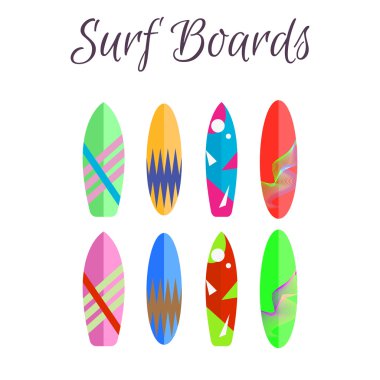 Sörf tahtası vektör renkli set. Sörf tahtaları yaz su sporu.
