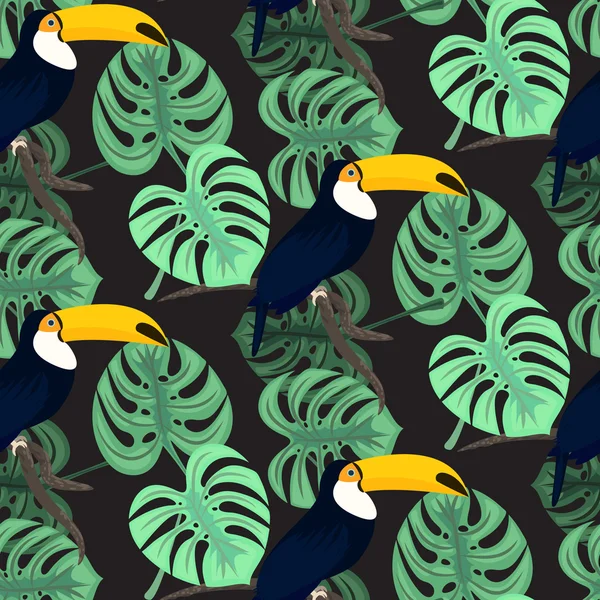 Тропические листья Монстера и бесшовный рисунок туканских птиц . — стоковый вектор