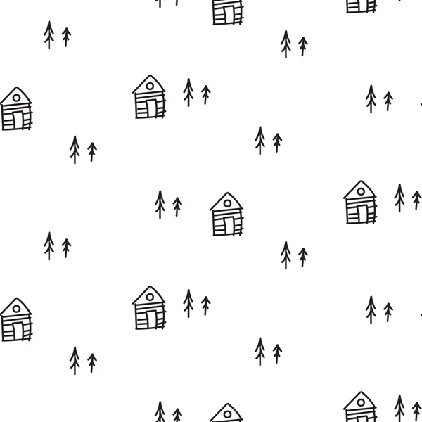 Line abrite des ornements scandinaves. Modèle sans couture de cabane dessinée à la main vectorielle . — Image vectorielle