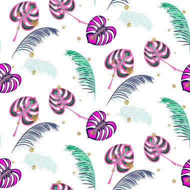 Monstera pembe tropik bitki yaprakları seamless modeli.