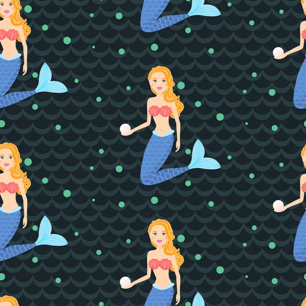 Cartoon Mermaid Princess dark blue wavy seamless pattern . — стоковый вектор