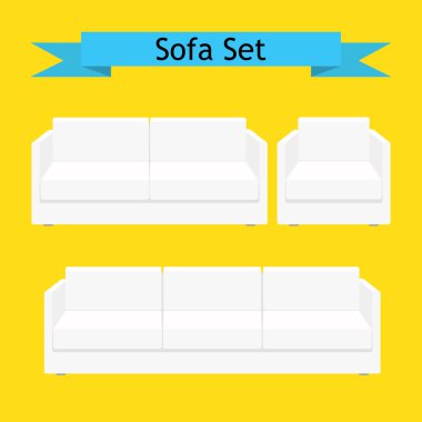 Beyaz yumuşak mobilyalar vektör kümesi. Kanepe ve koltuk.